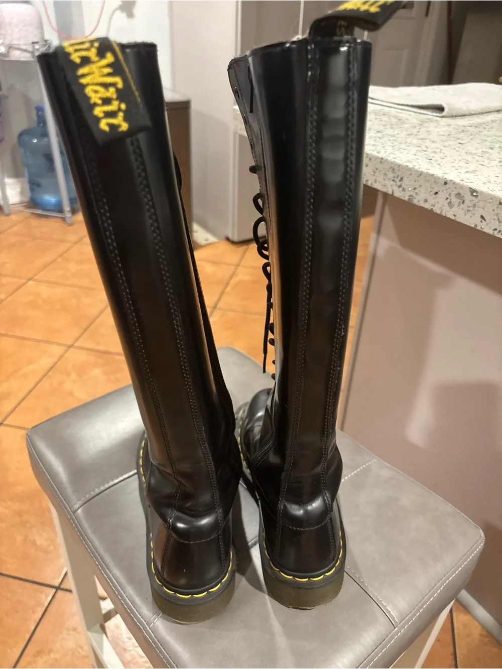Dr. Martens Black Tall 20- Eye Lace-Up Combat Boots with Yellow Welt Stitch